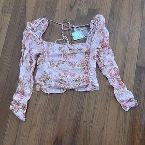 New Free People Hilary Printed Top Pink Combo Size Small